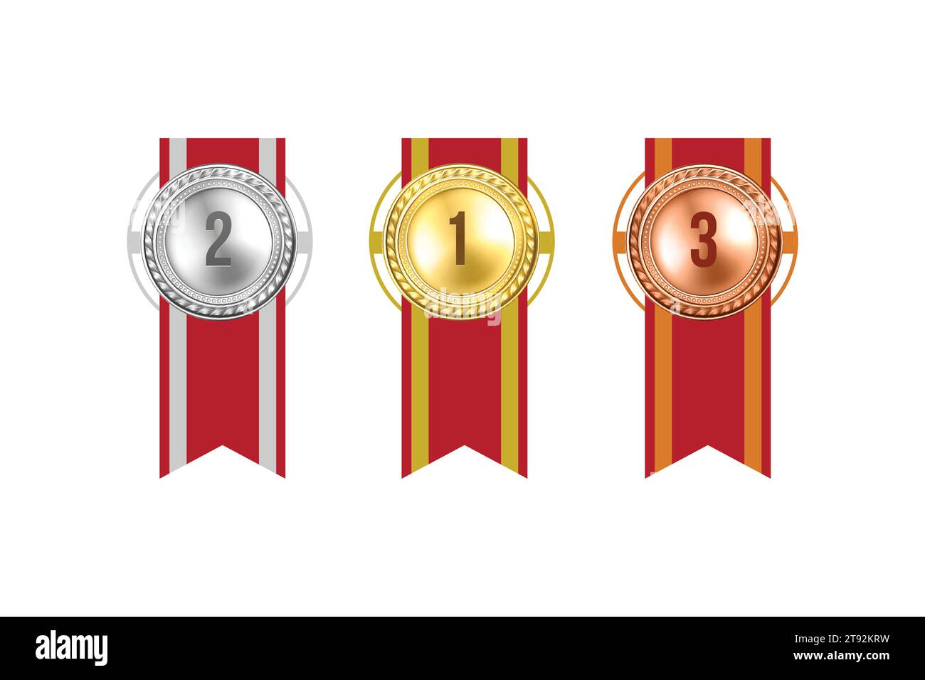 Sports medals. Golden silver bronze medal with red ribbon. Champion