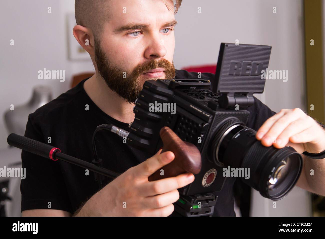 UFA, RUSSIA - 29 FEBRUARY 2020: cameraman works with Red digital cinema cameras. RED is the leading manufacturer of professional digital cinema Stock Photo