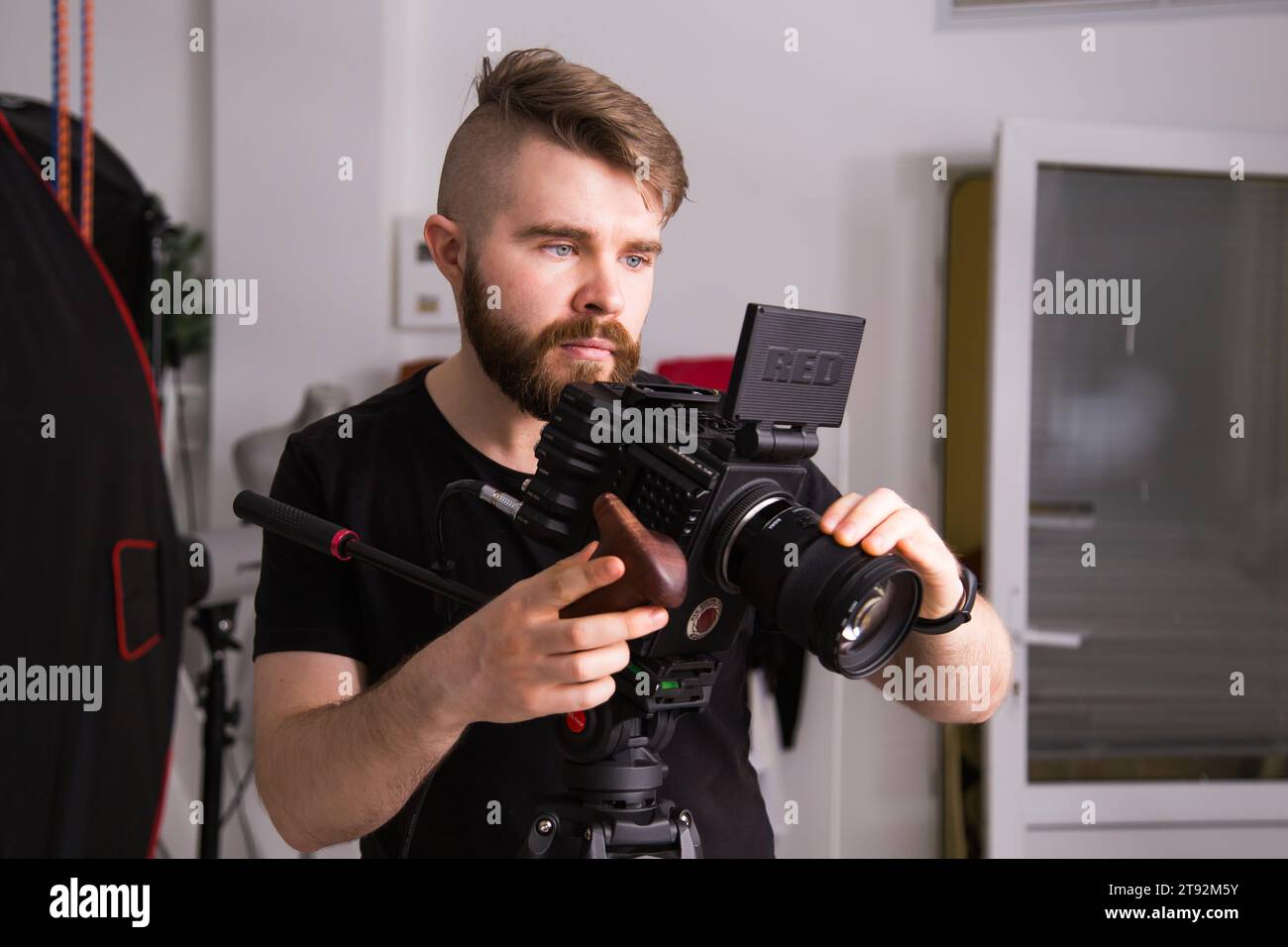 UFA, RUSSIA - 29 FEBRUARY 2020: cameraman works with Red digital cinema cameras. RED is the leading manufacturer of professional digital cinema Stock Photo