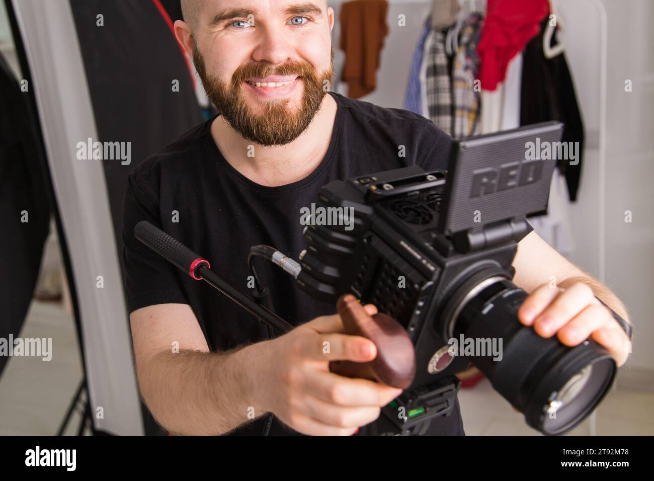 UFA, RUSSIA - 29 FEBRUARY 2020: cameraman works with Red digital cinema cameras. RED is the leading manufacturer of professional digital cinema Stock Photo