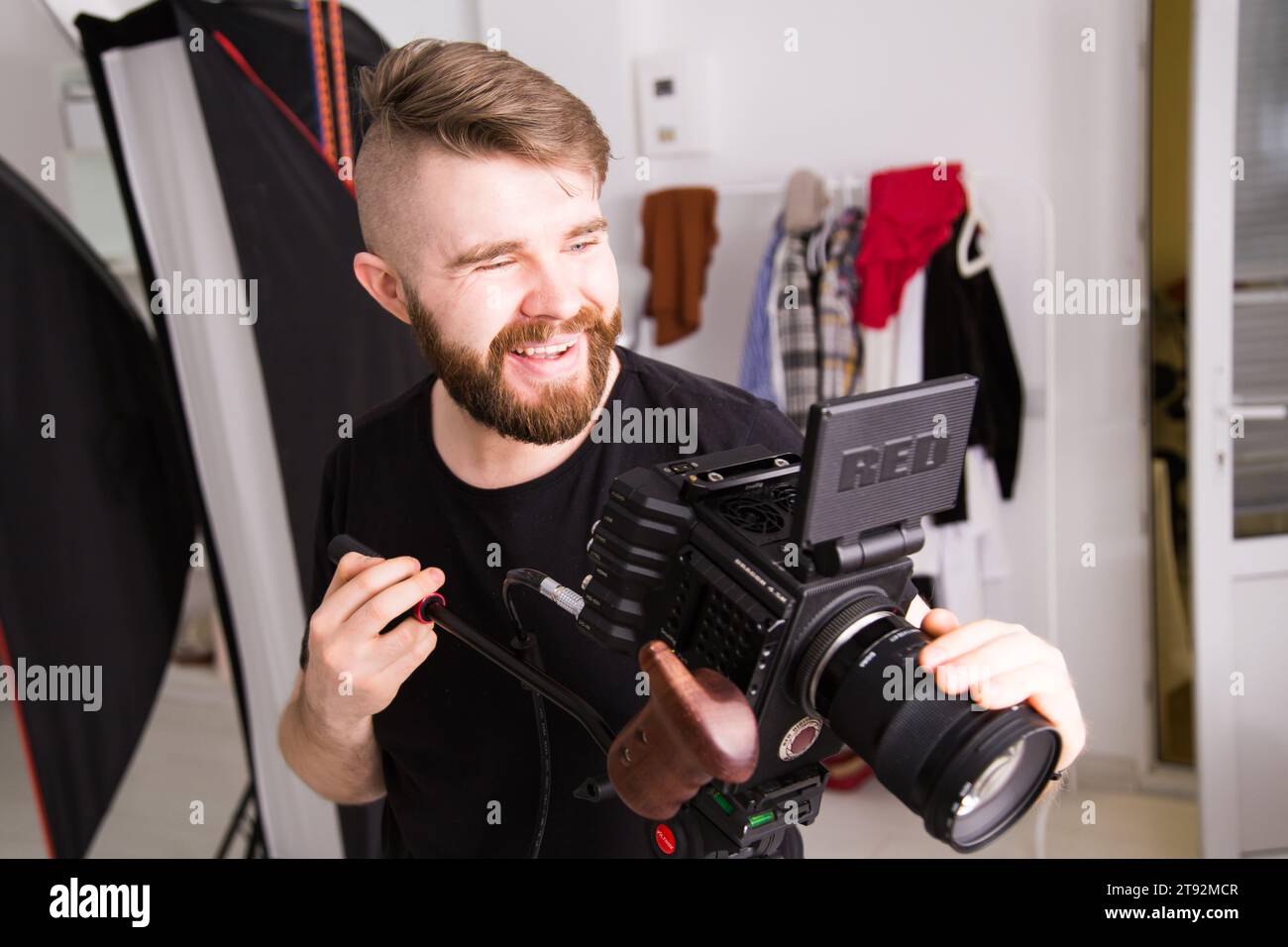 UFA, RUSSIA - 29 FEBRUARY 2020: cameraman works with Red digital cinema cameras. RED is the leading manufacturer of professional digital cinema Stock Photo