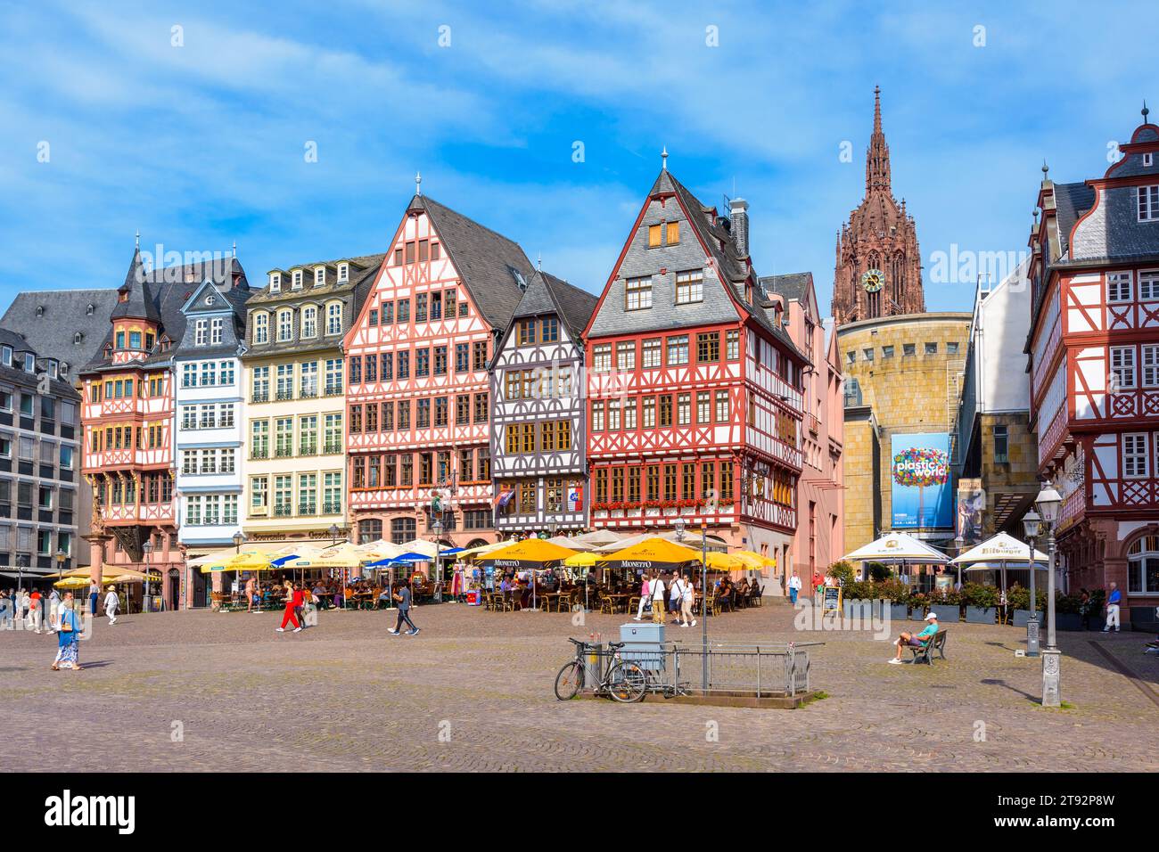 The Römerberg square in the old town of Frankfurt, lined with sidewalk ...