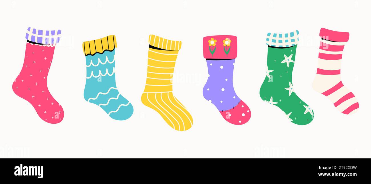 Set of baby socks with different textures and patterns. Vector illustrations Stock Vector