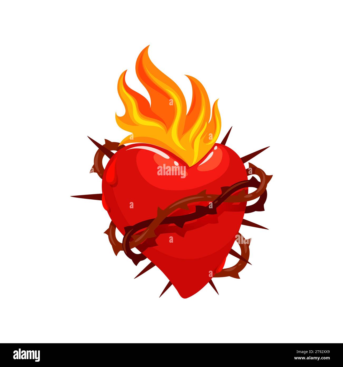 Mexican sacred heart tattoo and symbol of Mexico culture and religion art, vector icon. Sacred heart in thorns and burning fire flame, Corazon Milagro Mexican religious sign of Jesus and God love Stock Vector