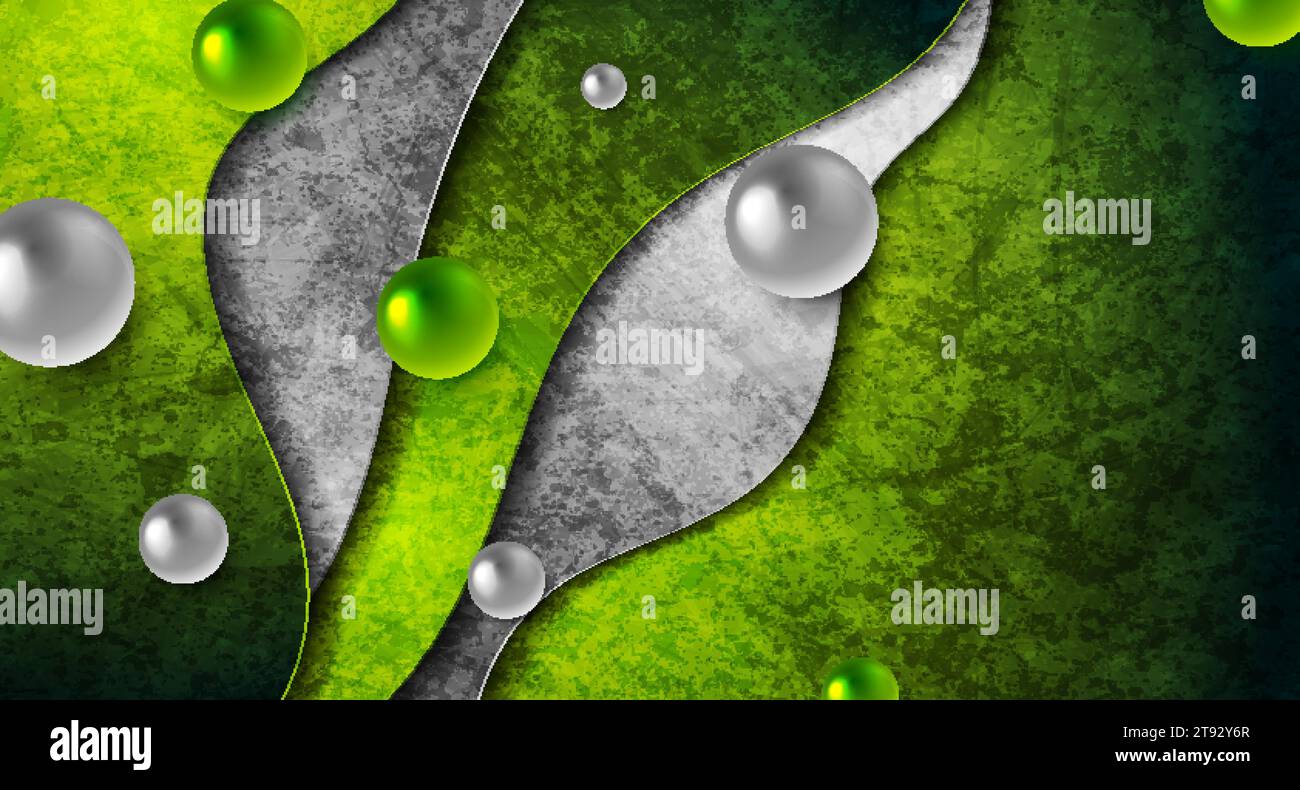 Green grey abstract tech wavy graphic design with 3d glossy circles ...