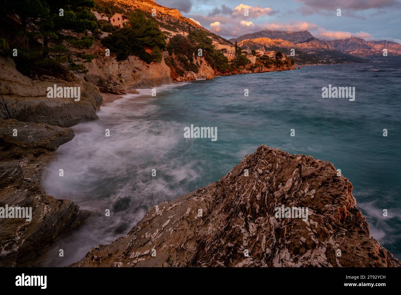 Sunset over the Dalmatian coast with a view of the Nature park Biokovo Stock Photo