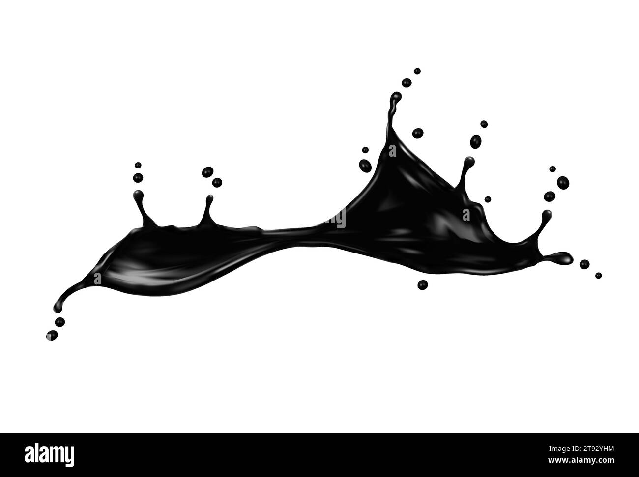 Black oil wave splash, liquid ink swirl or petrol flow with drops splatter, vector background. Black oil or paint wave splash from spill pour with drips and droplets in long splashing swirl splatter Stock Vector