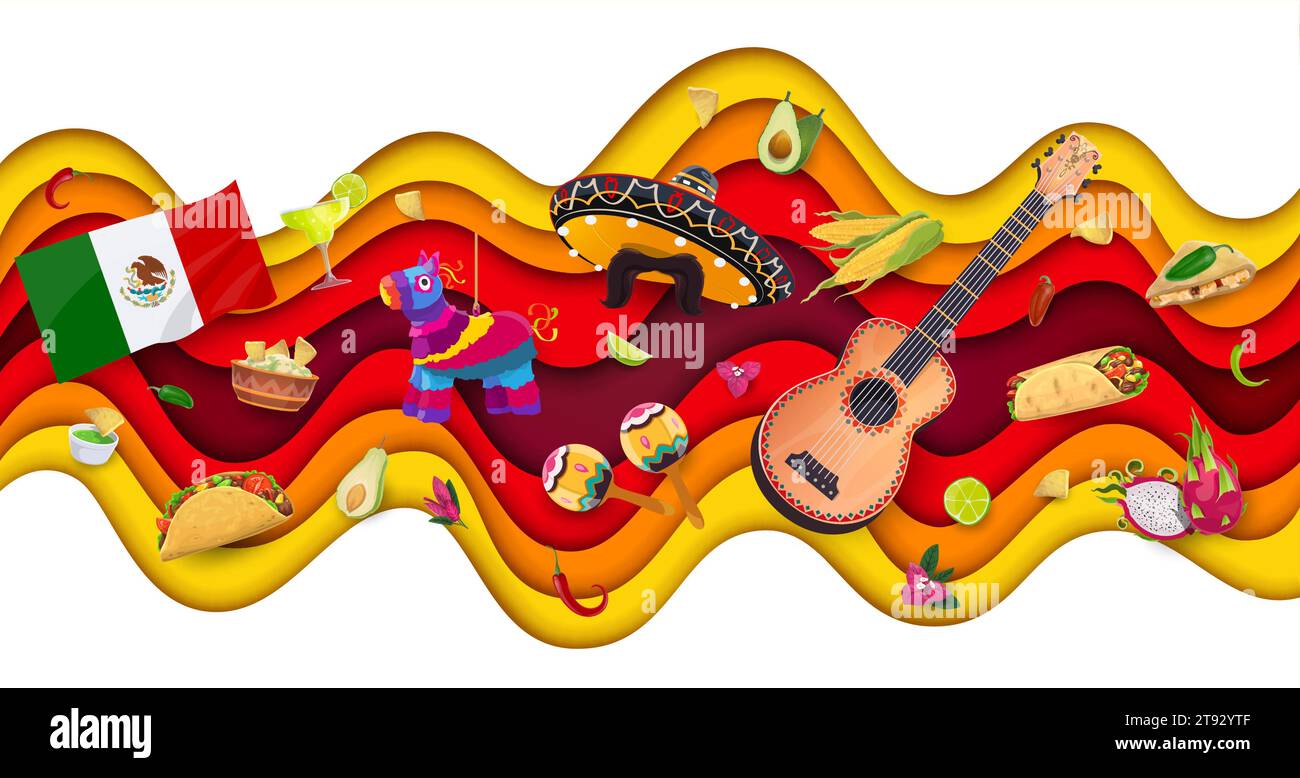 Viva Mexico paper cut waves. Mexican guitar and sombrero, pinata and