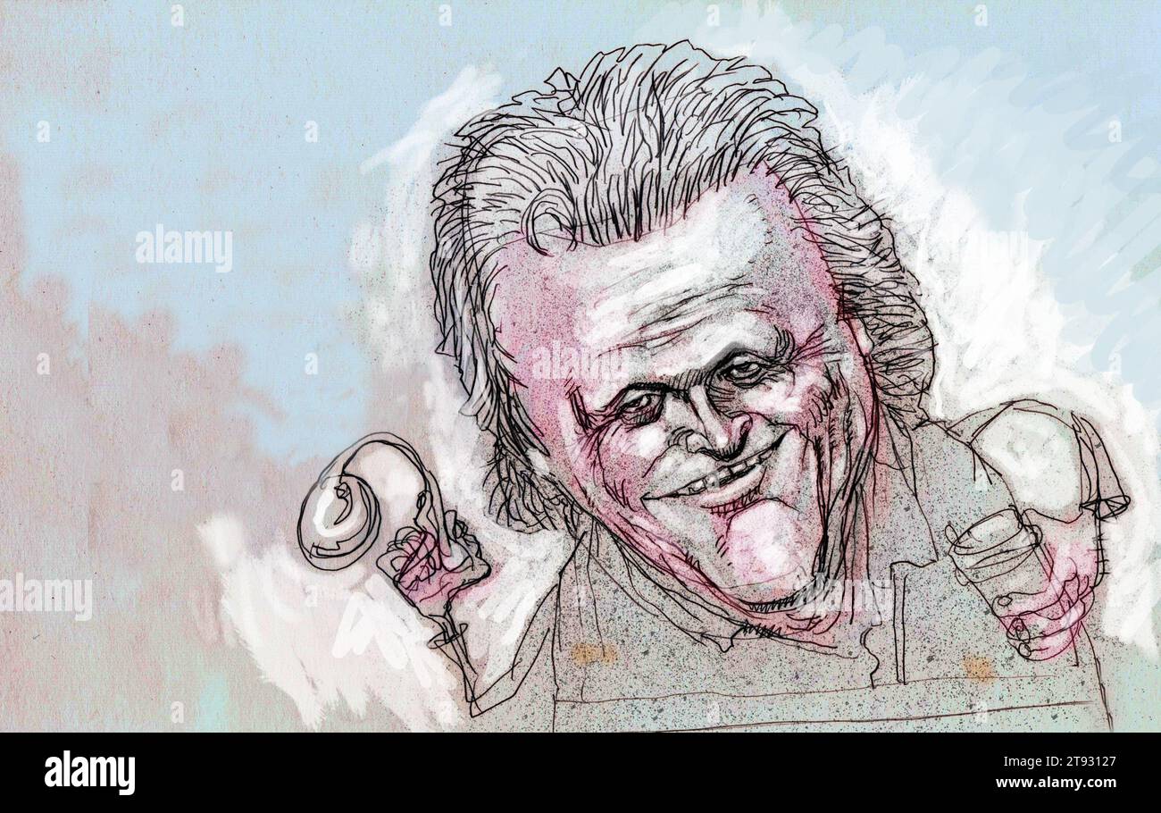 Caricature Tim Martin founder & chairman of Wetherspoons pub chain, holding broken spoon ref his perceived damaging of brand for Brexit & Covid stance Stock Photo