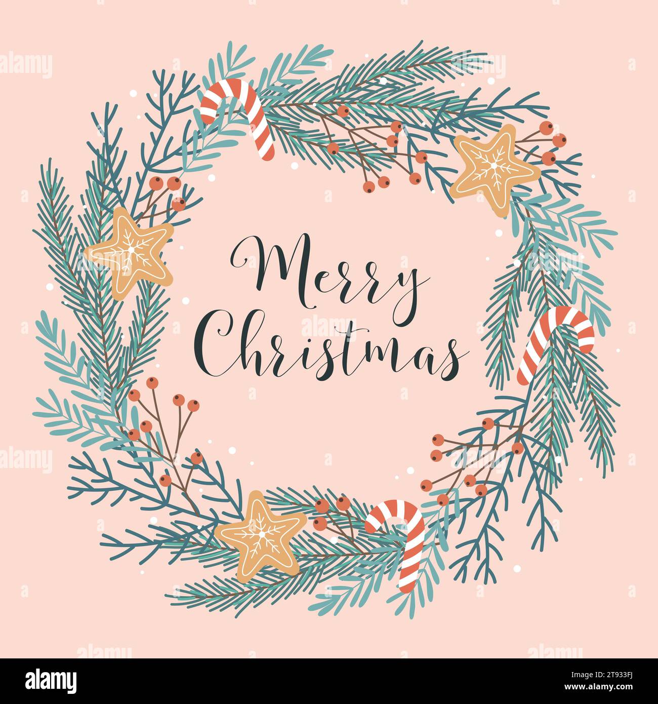 Christmas wreath greeting card template with hand drawn elements ...