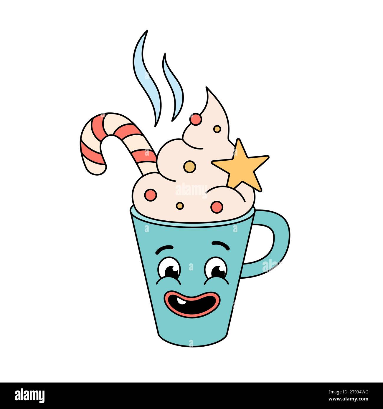 Groovy Christmas drink character. Retro groovy cartoon character in doodle style. Mug with candy cane, whipped cream, hot beverage. Vector illustratio Stock Vector