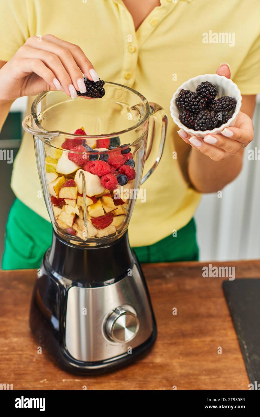 cropped view of vegetarian woman adding blackberries into electric blender with delicious fruits Stock Photo