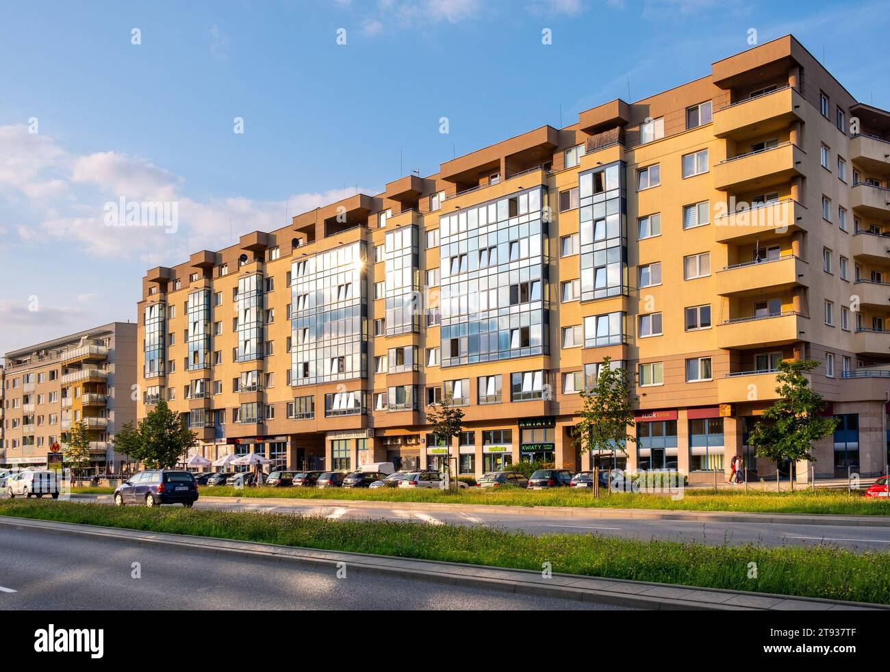 Warsaw, Poland - July 11, 2021: Modern residential buildings aside metro station at KEN and Wawozowa street in Kabaty quarter of Ursynow district Stock Photo
