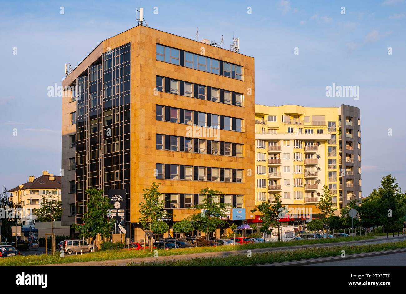 Warsaw, Poland - July 11, 2021: Modern residential buildings aside metro station at KEN and Wawozowa street in Kabaty quarter of Ursynow district Stock Photo