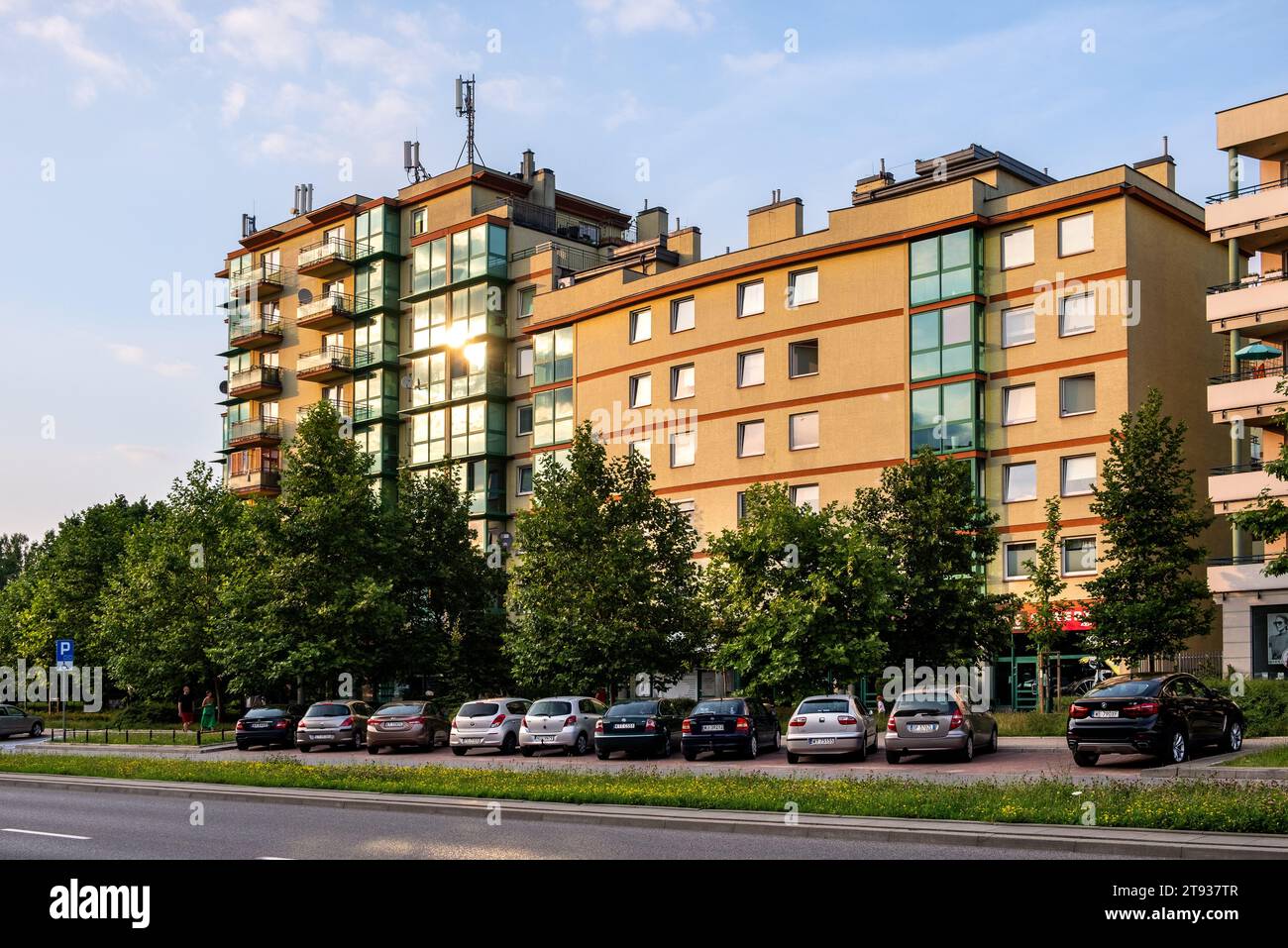 Warsaw, Poland - July 11, 2021: Modern residential buildings aside metro station at KEN and Jezewskiego street in Kabaty quarter of Ursynow district Stock Photo