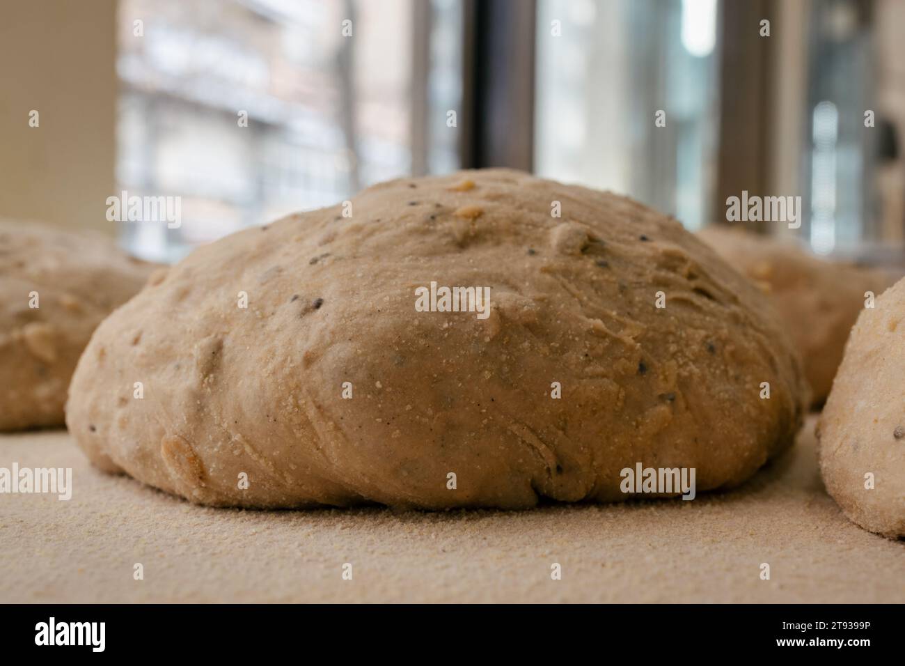 Portrait of loaf-shaped bread dough on a table in a bakery ready to bake in the oven Stock Photo