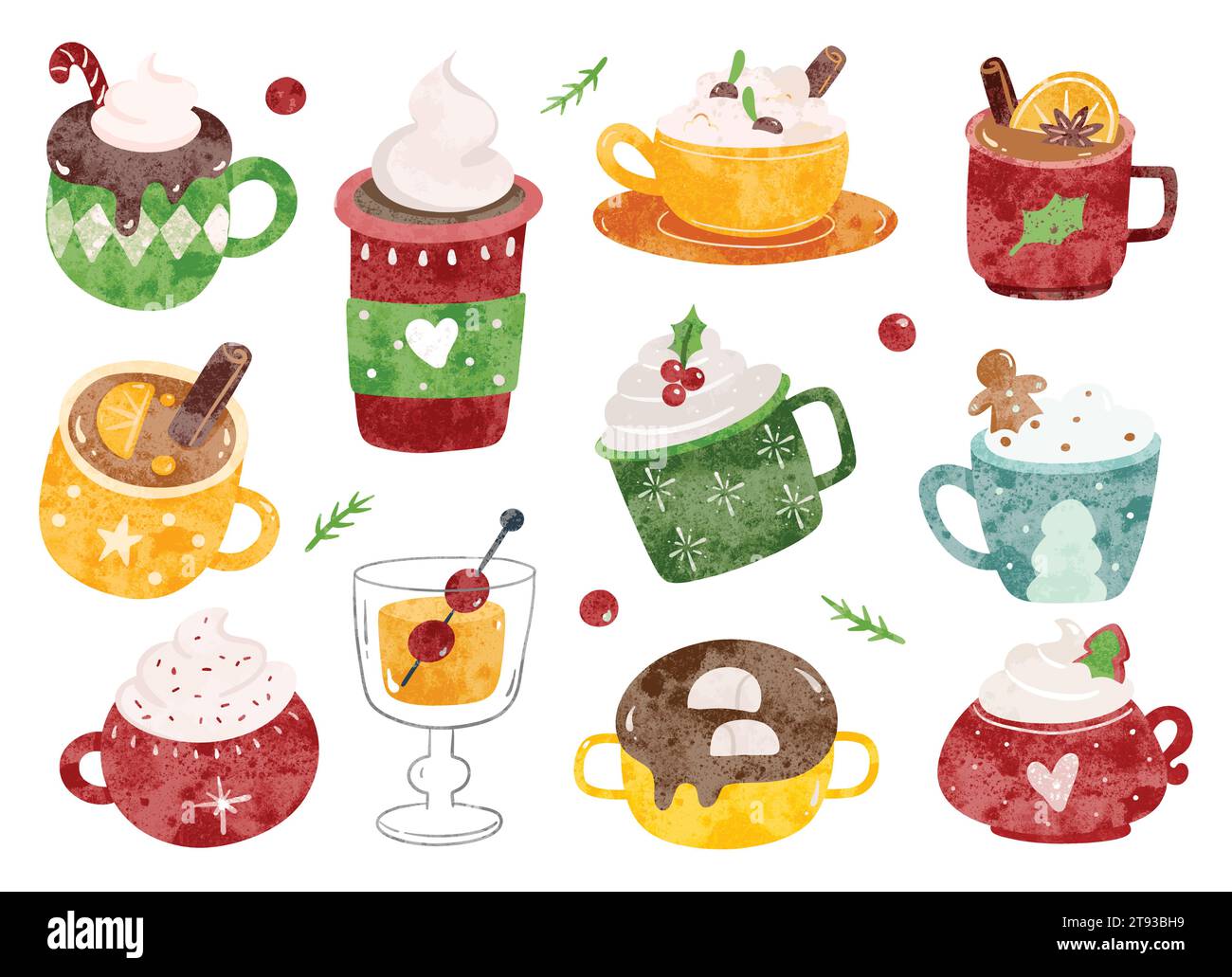 Set of Hand Drawn Christmas Beverages in Water Color Style Illustration Stock Vector