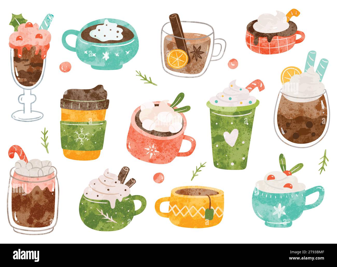 Set of Hand Drawn Christmas Beverages in Water Color Style Illustration Stock Vector