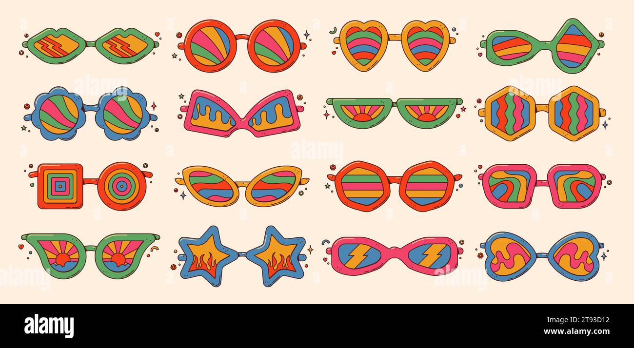 Groovy retro sunglasses set. Hippie eyewear. Stock Vector