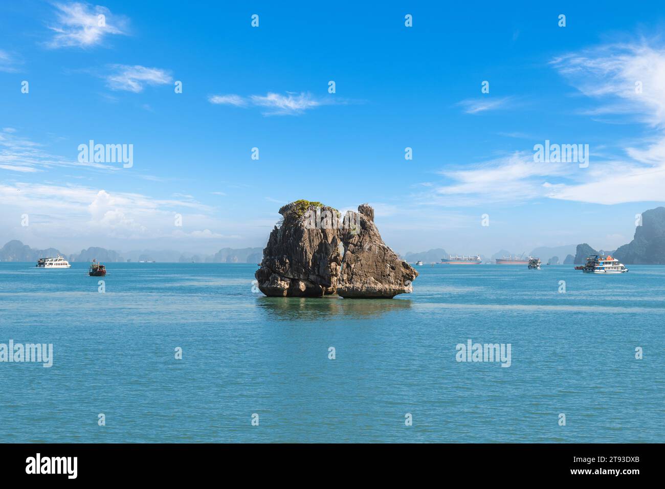 Scenery of the Kissing chicken rocks at halong bay in vietnam Stock