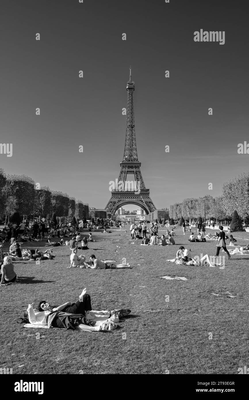 Paris, France - October 8, 2023 : Panoramic view of the Champ de Mars, Field of Mars, a large public greenspace with people in Paris France Stock Photo