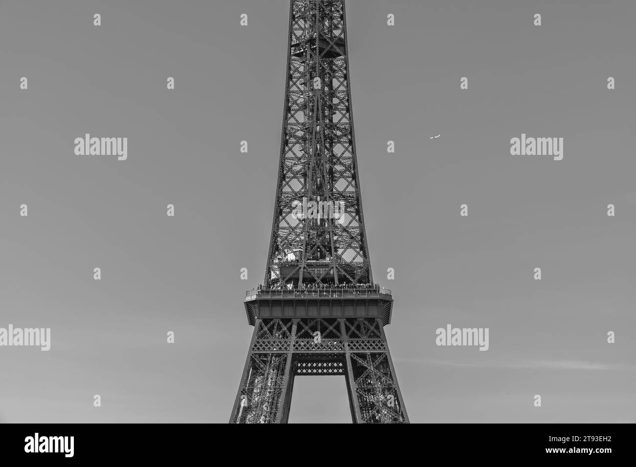 Paris, France - October 8, 2023 : Close up view of the famous Eiffel Tower of Paris France in black and white Stock Photo