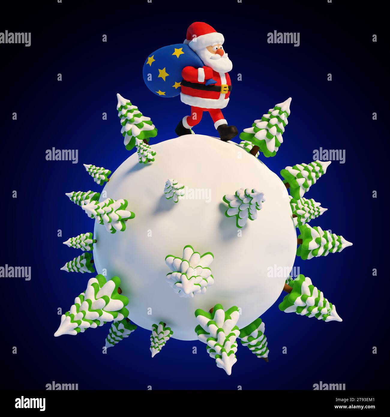 Santa Claus with gift bag walks on snowy planet Stock Photo