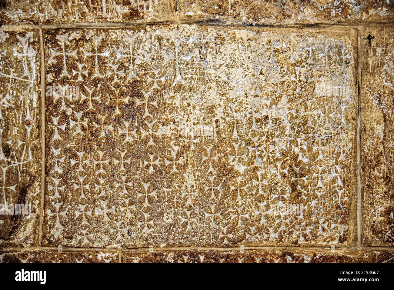 Crusader graffiti in the Church of the Holy Sepulcher. Jerusalem, Israel, 11th century. Stock Photo