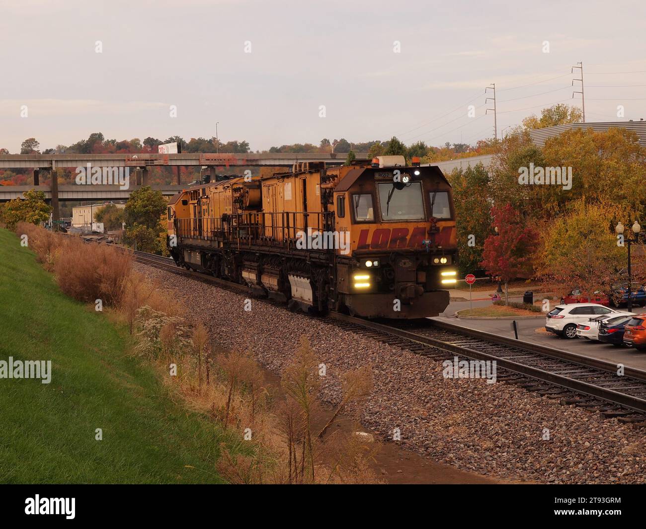 Large heavy railroad track maintenance device hires stock photography