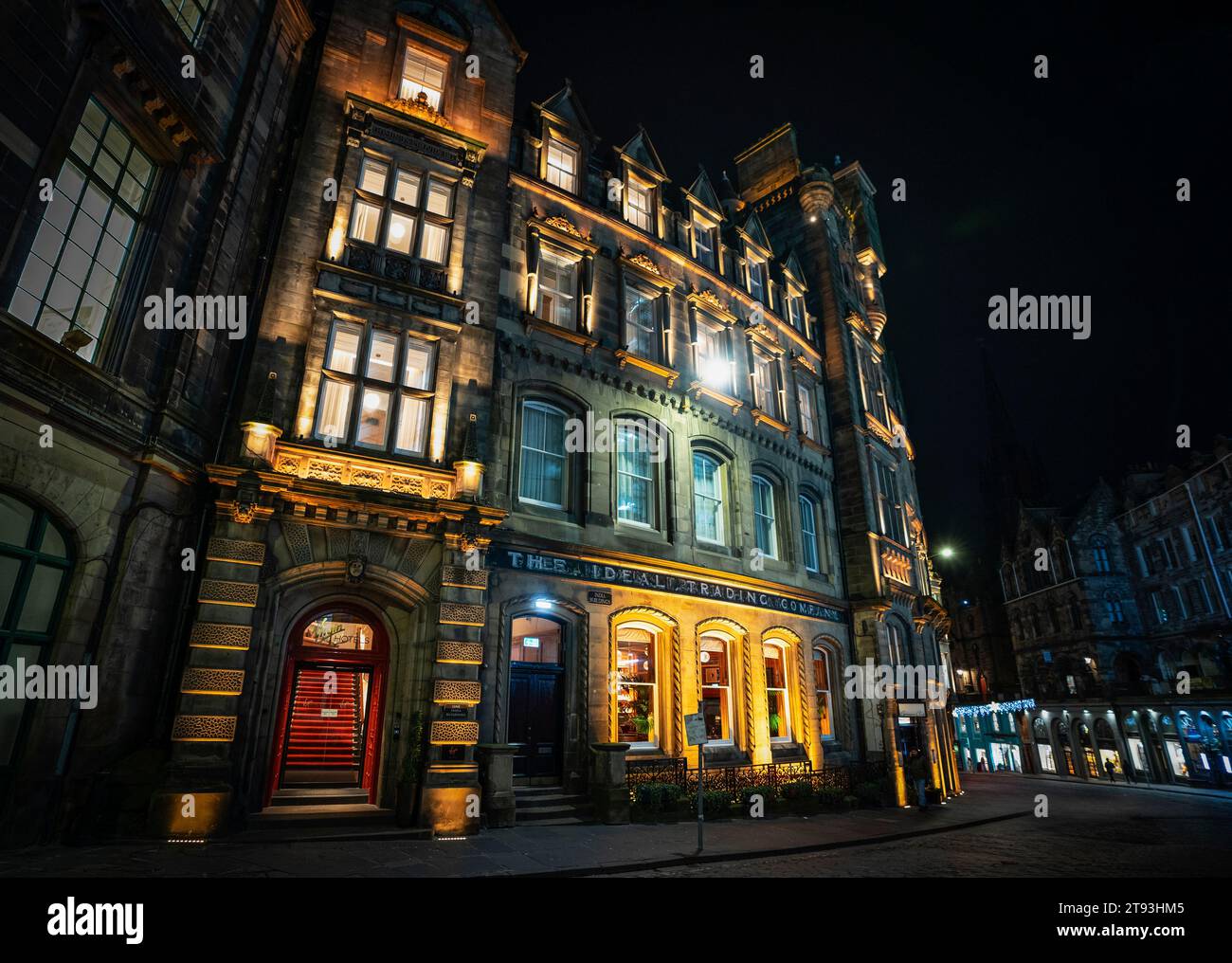 Exterior view at night of Virgin Hotels on Victoria Street in Edinburgh Old Town, Scotland, UK Stock Photo