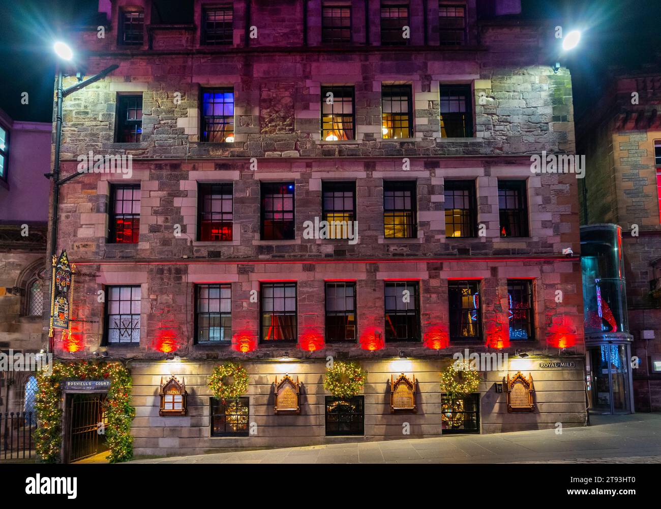 Night exterior view of The Witchery boutique hotel and restaurant on Royal Mile Edinburgh, Scotland, UK Stock Photo