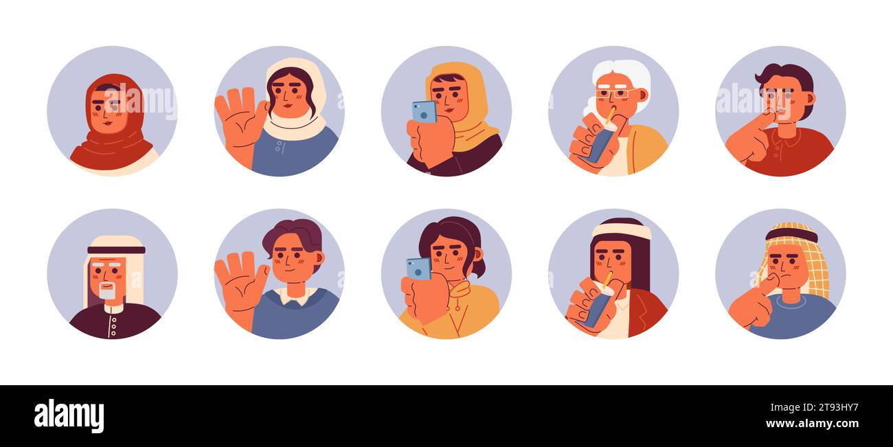 Arab turkish adults 2D vector avatars illustration bundle Stock Vector