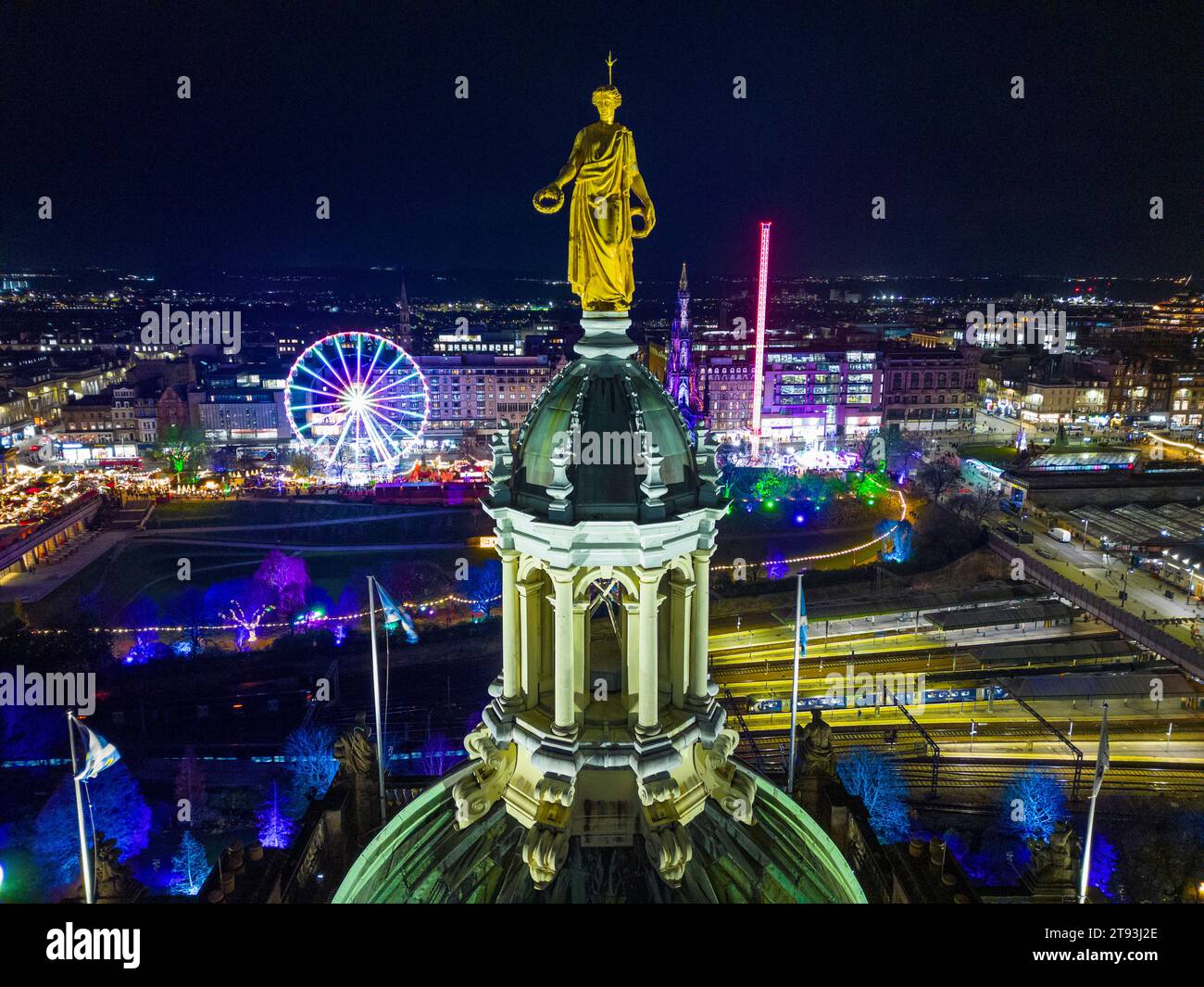 Aerial view at night of Edinburgh from former Bank of Scotland Headquarters now the Museum on the Mound in Edinburgh, Scotland, UK Stock Photo