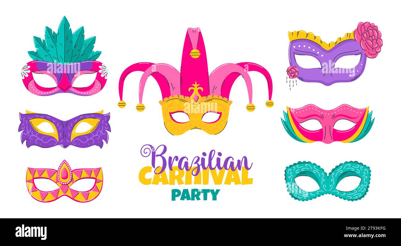 Set of carnival face masks for party decoration or masquerade. Masks with feathers, flower, rhinestones and patterns. Venetian mask. Flat Vector illus Stock Vector