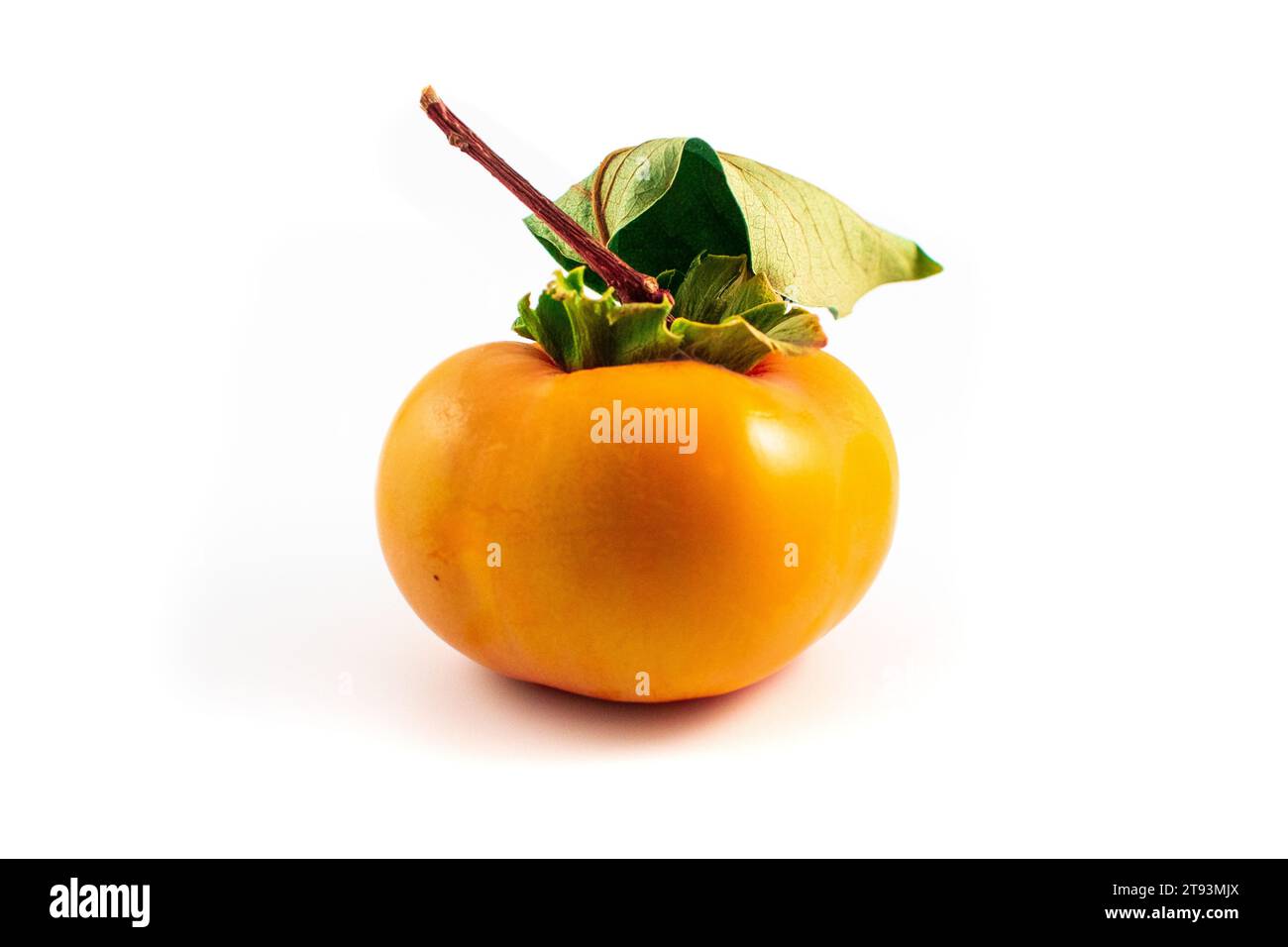 Photo of a ripe fuyu Asian persimmon with leaves and stem intact Stock Photo