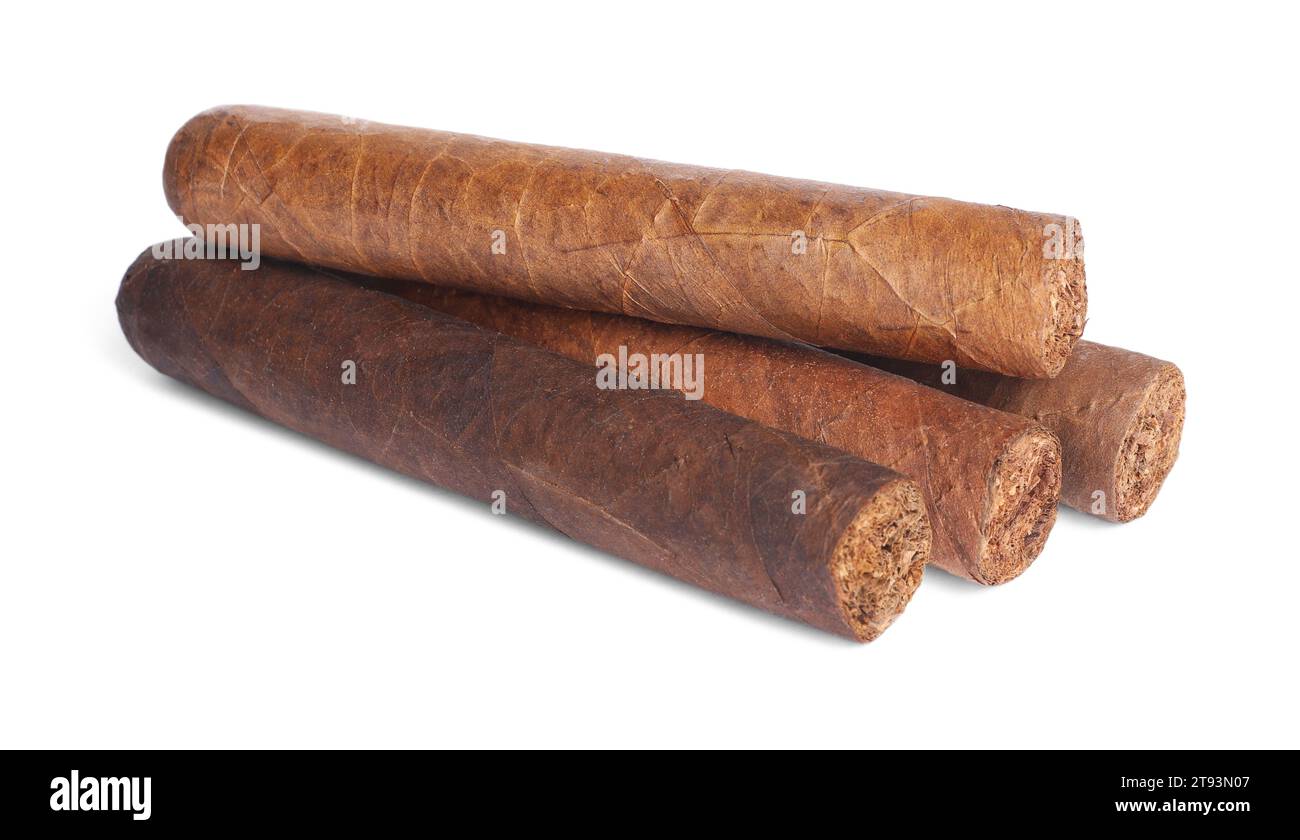 Cigars wrapped in tobacco leaves isolated on white Stock Photo Alamy