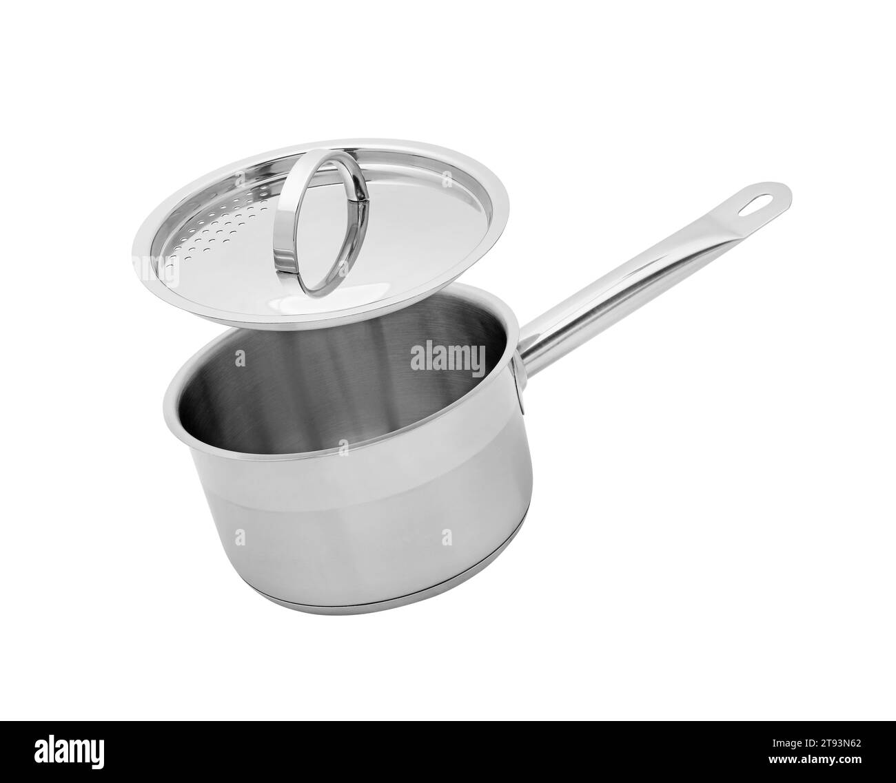 One steel saucepan with strainer lid isolated on white Stock Photo Alamy