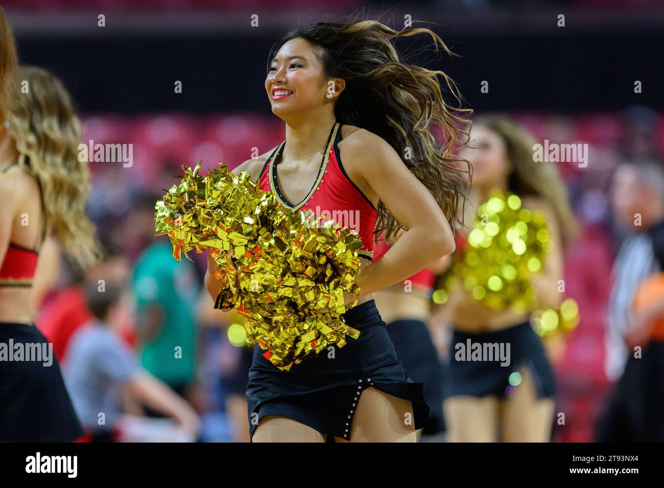 College Park, MD, USA. 21st Nov, 2023. Maryland Terrapins cheerleader reacts during the NCAA basketball game between the UMBC Retrievers and the Maryland Terrapins at Xfinity Center in College Park, MD. Reggie Hildred/CSM (Credit Image: © Reggie Hildred/Cal Sport Media). Credit: csm/Alamy Live News Stock Photo