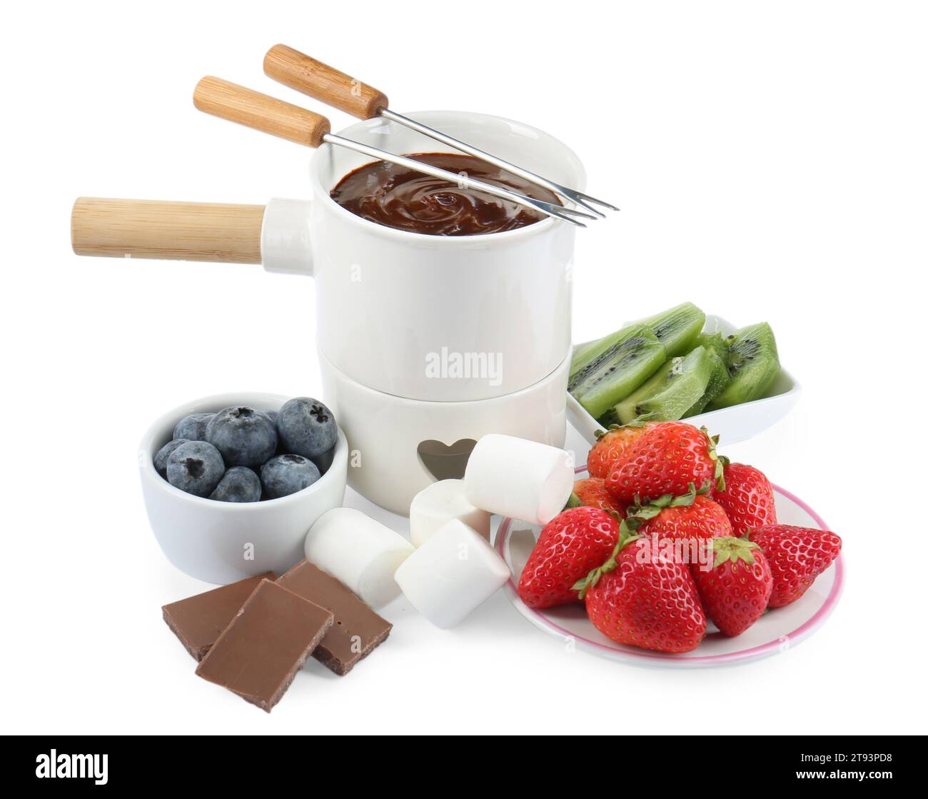 Fondue pot with melted chocolate, fresh berries, kiwi, marshmallows and