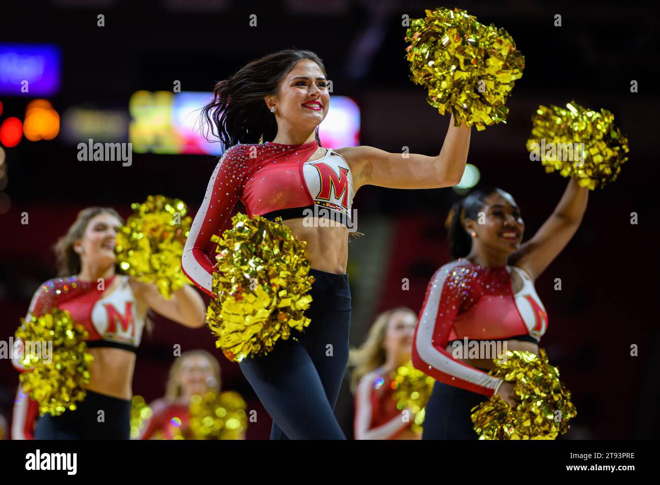 November 21, 2023: Maryland Terrapins cheerleader reacts during the NCAA basketball game between the UMBC Retrievers and the Maryland Terrapins at Xfinity Center in College Park, MD. Reggie Hildred/CSM (Credit Image: © Reggie Hildred/Cal Sport Media) Stock Photo