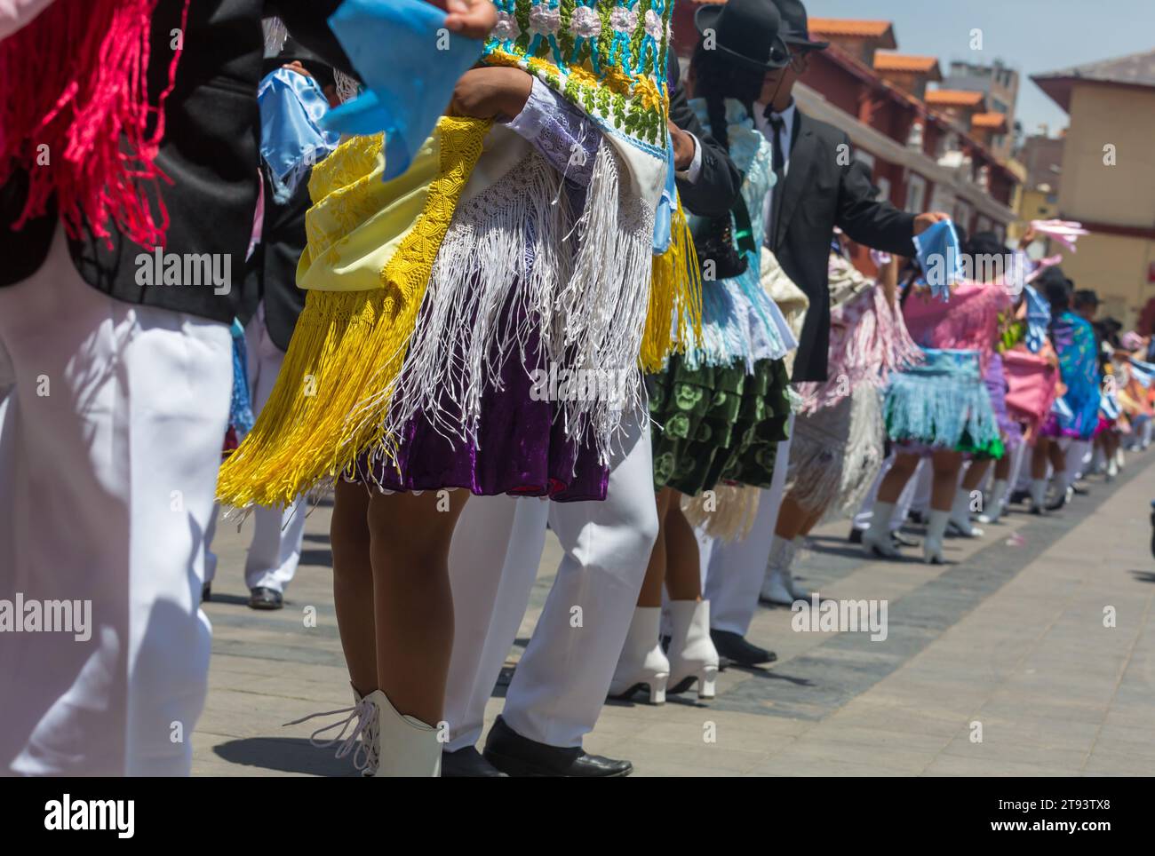 Girls in authentic costumas dancing during the traditional festival. Caraz region, Peru, South America Stock Photo