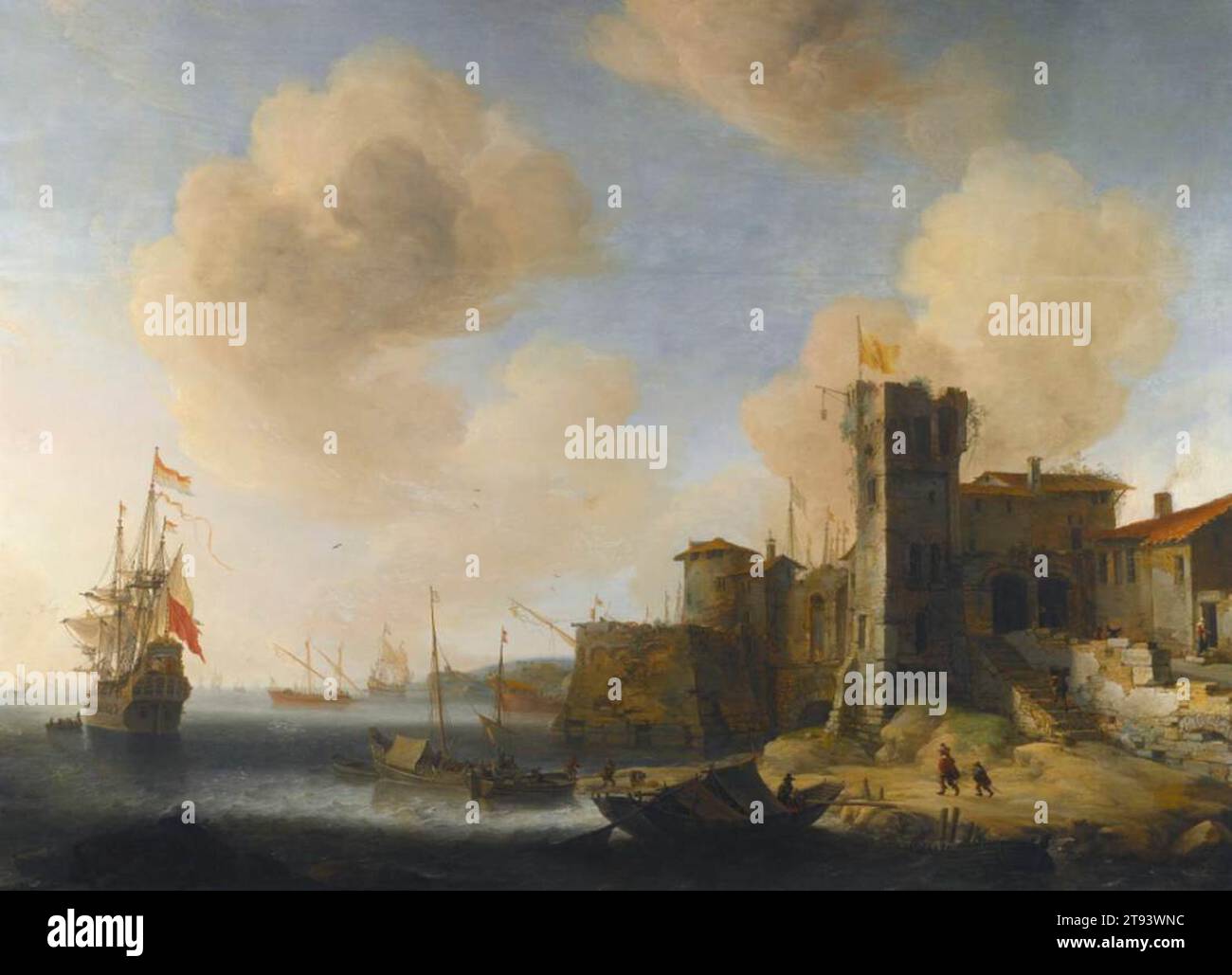 Mediterranean Harbour, with the Dutch Vessel Profeet Elias at Anchor 1650 by Jan Abrahamsz. Beerstraten Stock Photo
