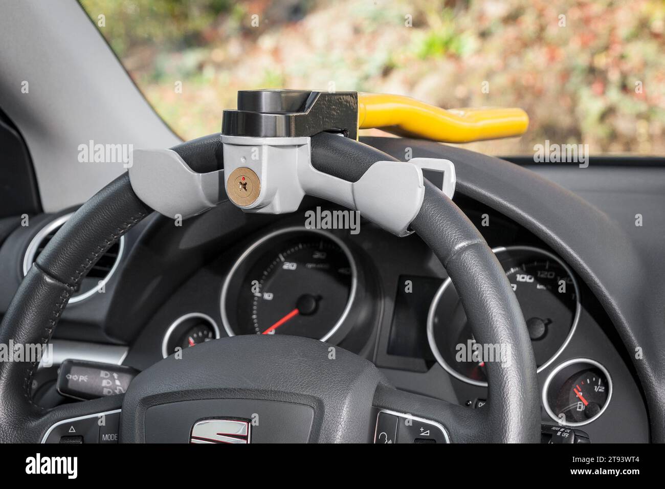 steering wheel lock on a left hand drive car Stock Photo Alamy