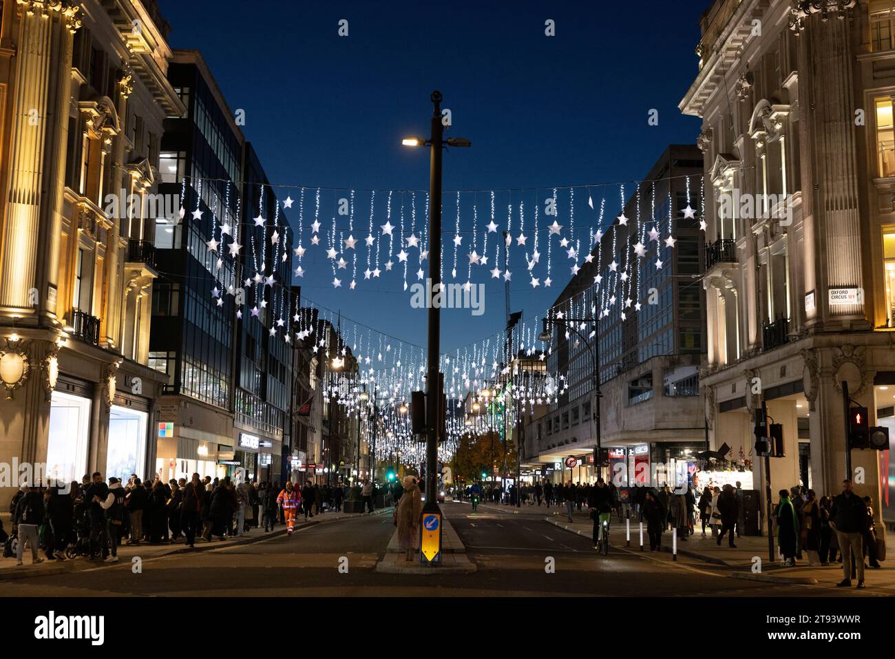 Christmas Lights at dusk on Oxford Street, London's West End, England