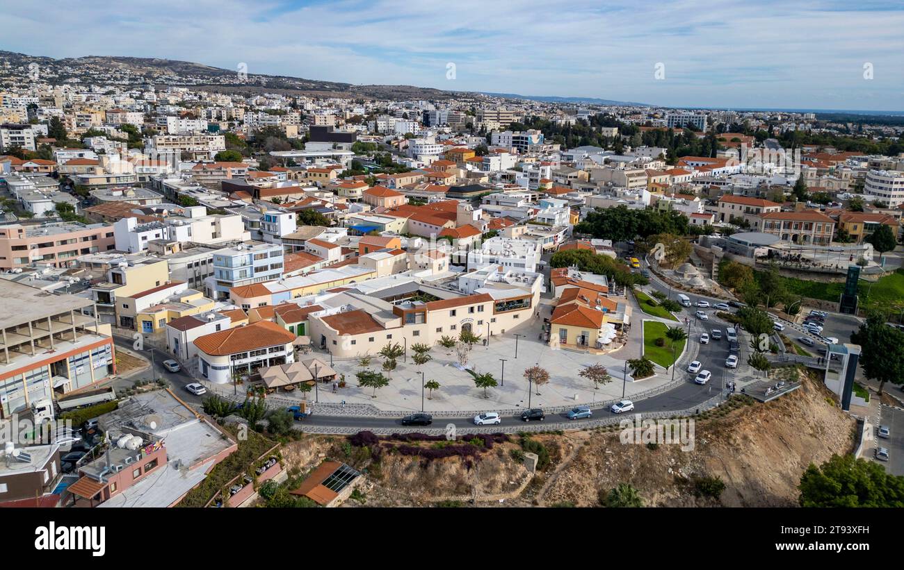 Aerial drone view of Paphos Municipal market, Petraki Miltriadou street, Paphos old town, Cyprus Stock Photo