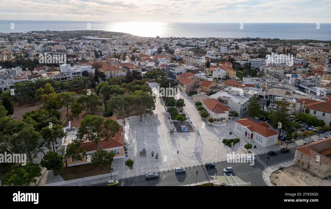 Aerial drone view of Kennedy Square and Paphos old town centre, Paphos, Republic of Cyprus. Stock Photo