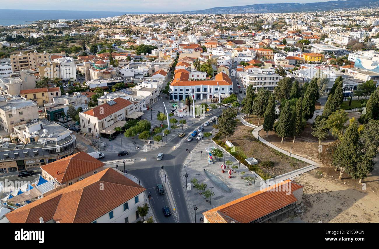 Aerial drone view of Kennedy Square and Paphos old town centre, Paphos, Republic of Cyprus. Stock Photo