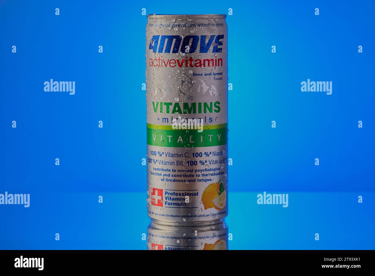 Mansfield,Nottingham,United Kingdom,22nd November 2023:Studio product image of a can of 4MOVE energy drink. Stock Photo