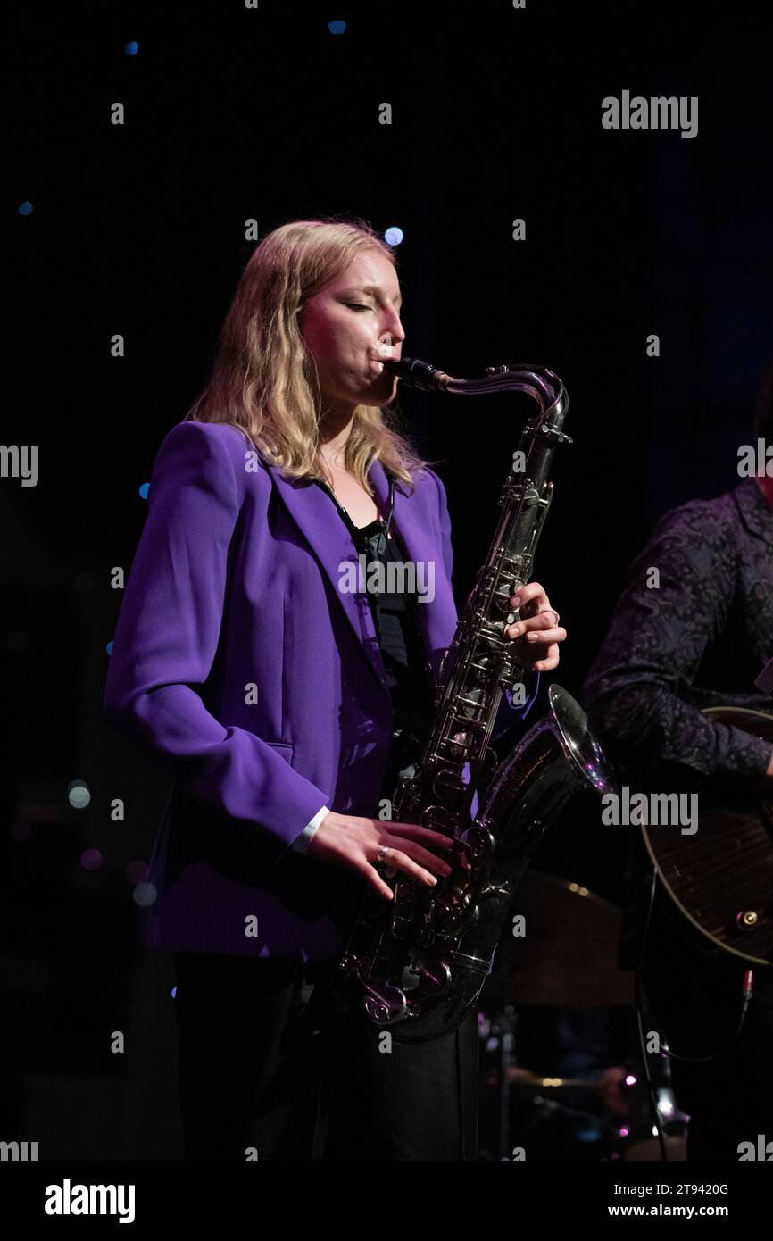 Emma Rawicz playing tenor saxophone with her Quintet, Scarborough Jazz Festival 2023 Stock Photo