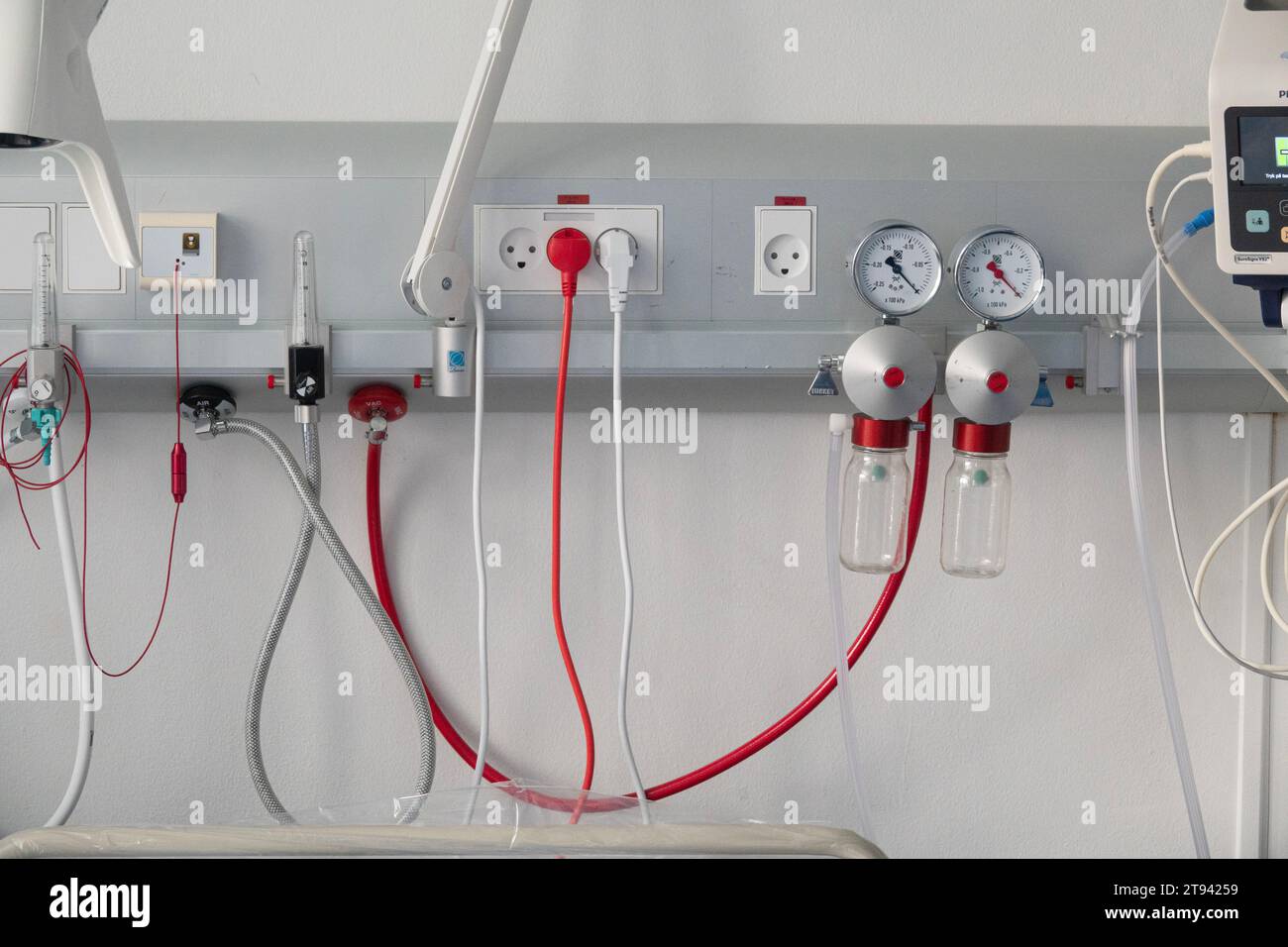 Close up of emergency health equipment panel in a hospital room. Copenhagen, Denmark - November 7, 2023. Stock Photo